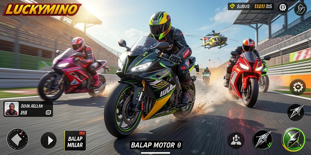 Tampilan antarmuka utama <strong>LUCKYMINO</strong> saat balapan motor.