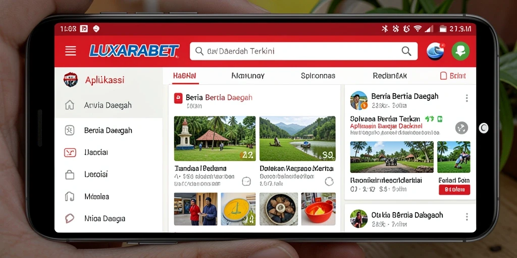 Tampilan antarmuka aplikasi LUXARABET dengan berita lokal.
